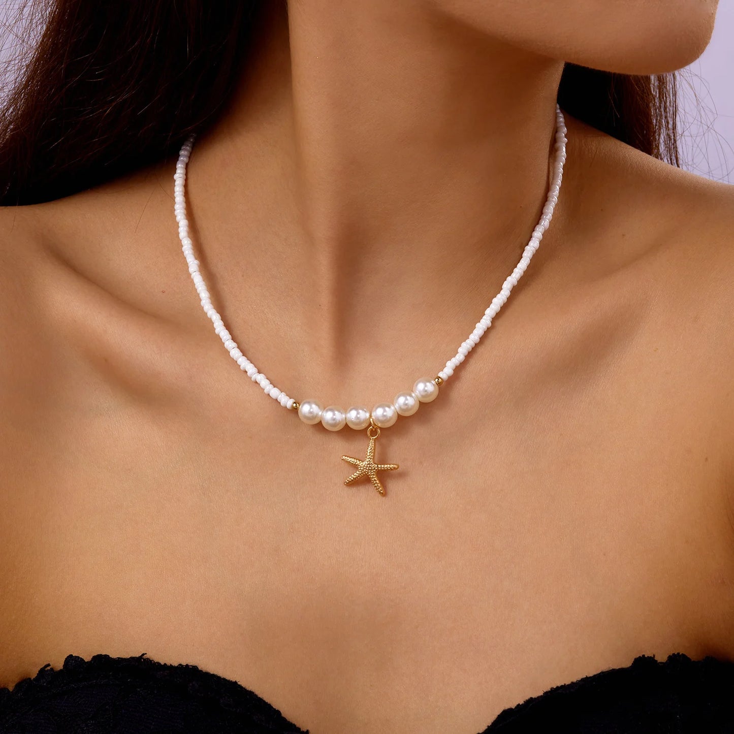 Boho Cute Starfish Shell Rice Beads Necklace for Women Summer Beach Sexy Short Choker Neck Chain Jewelry Vacation Accessories