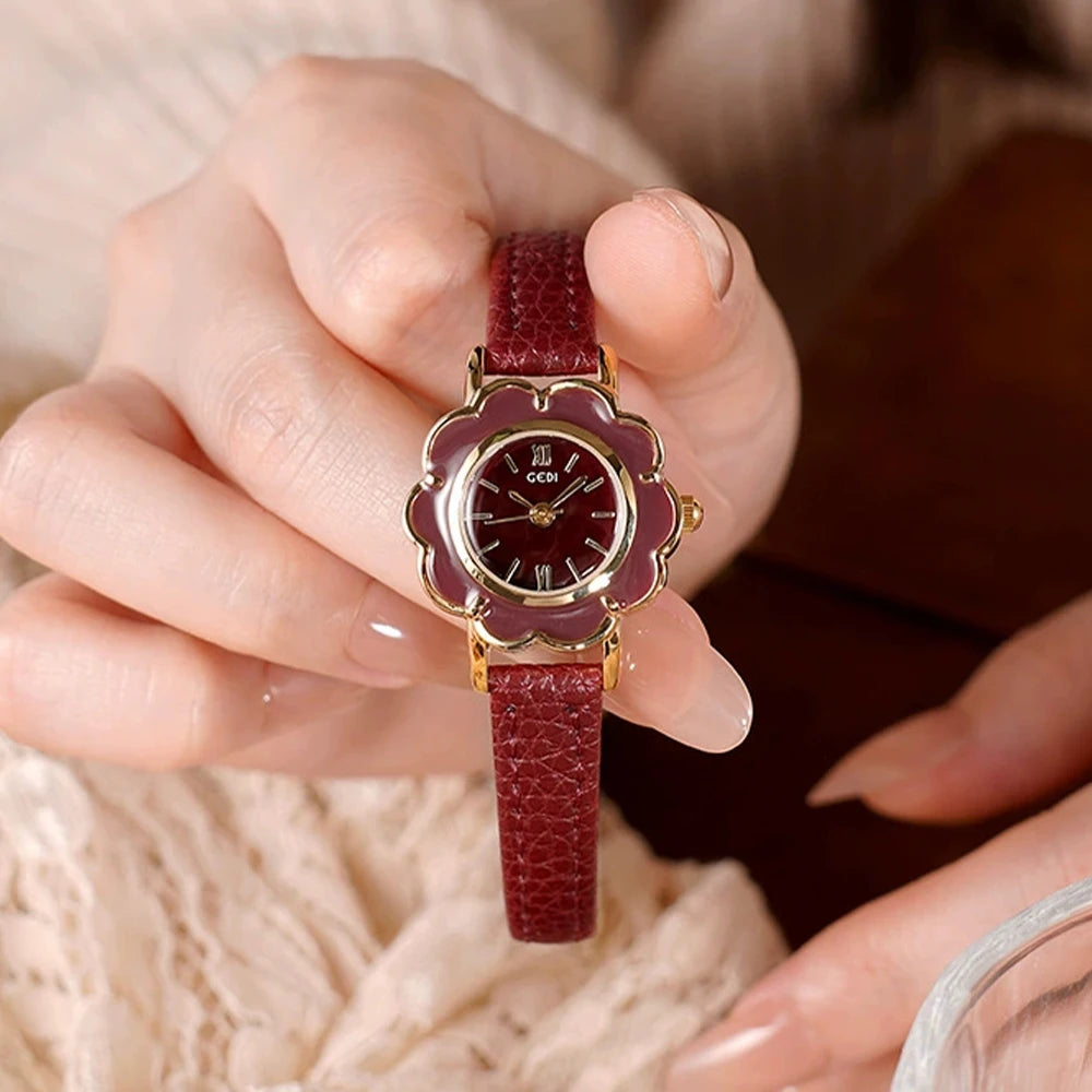 GEDI Fashion Ladies Small Watches Flower Dial Niche Minimalist Exquisite Vintage Leather Strap Quartz Watch Woman