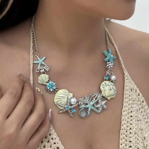 Exaggerated Metal Starfish Shell Pearl Necklace for Women Summer Ocean Coral Scallop Pendant Necklace Boho Beach Jewelry Gift