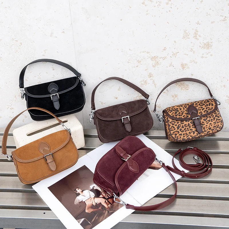 Autumn and winter women's Natural Suede leather Mini bag,luxury designer handbags, Vintage commuting leopard print messenger bag