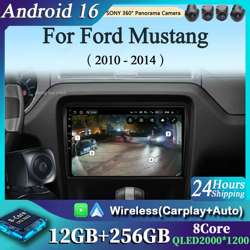 For Ford Mustang 2010 2011 2012 2013 2014 Android 16 GPS WIFI 4G Carplay&Auto Car Radio Navigation QLED Multimedia Stereo Player