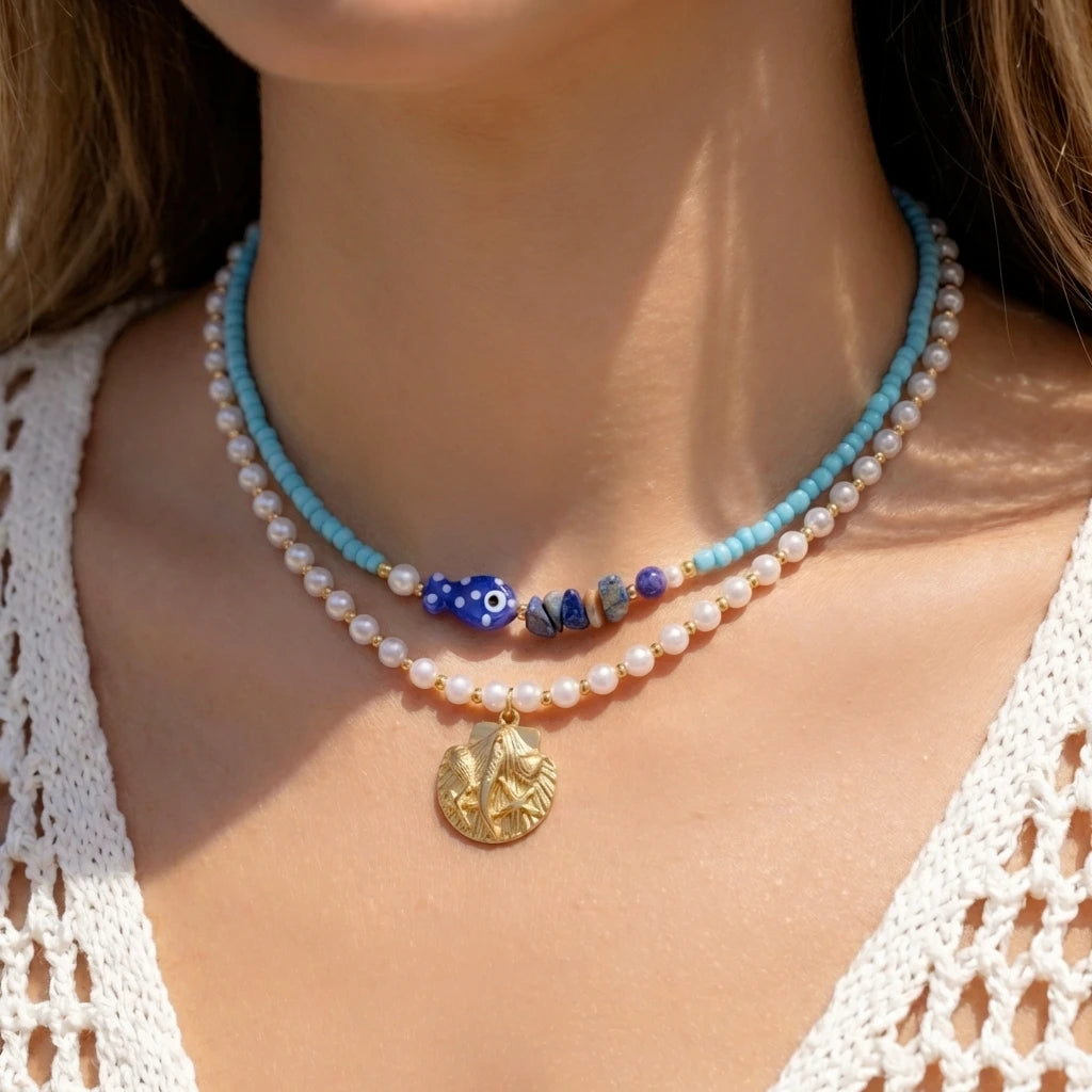 2Pcs/Set Vacation Fish Shell Stone Faux Pearl Beaded Necklace Summer Beach Boho Layered Choker Jewelry For Women