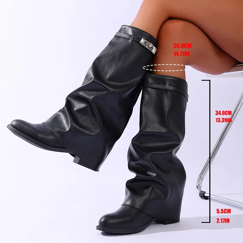 Brand Design Black Pu Leather Knee High Boots Women Slip On Height Increase Long Boots Woman Fashion Plus Size 42 Wide Leg Botas