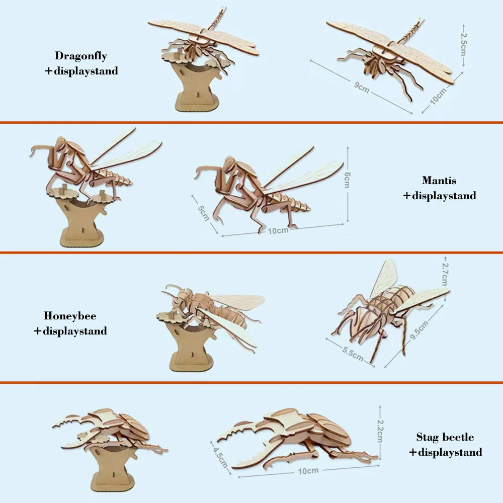 DIY Wooden Insect Puzzle Cute Children Puzzle Bee Dragonfly Butterfly Mantis 3D Wooden Kindergarten Toy  Woodcraft Assembly Kit
