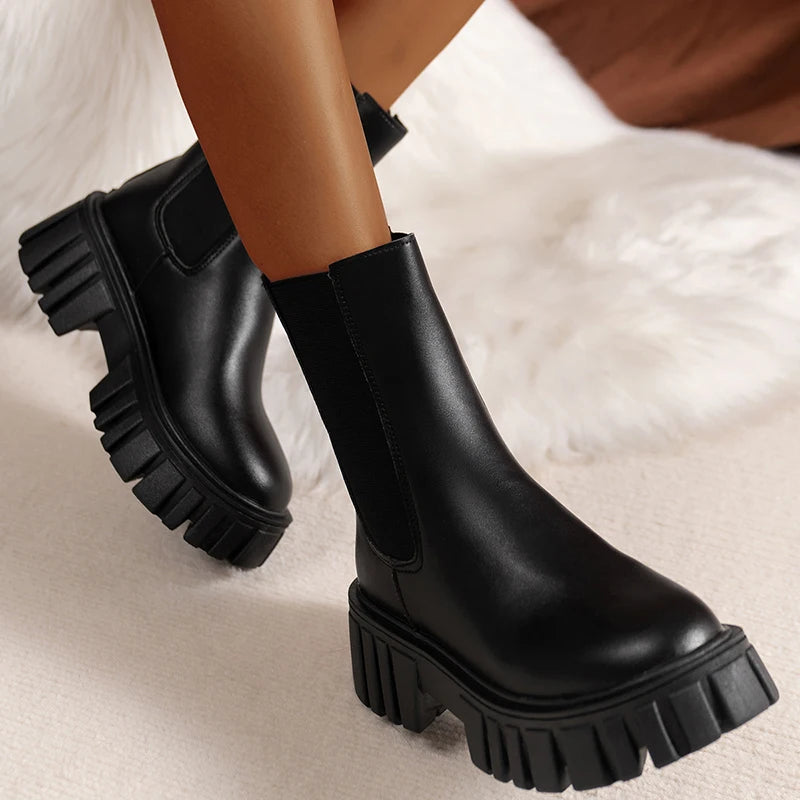 British Style Chunky Platform Ankle Boots Women Plus Size 42 Black Pu Leather Chelsea Boots Woman Zip Thick Sole Short Booties