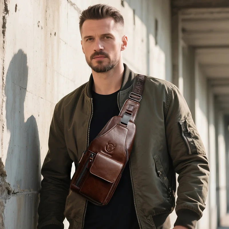 BULLCAPTAIN Men's Leather Breast Bag Fashion Casual Multifunctional Off-Road Crossbody Bag Business Tablet Mobile Leather Bag