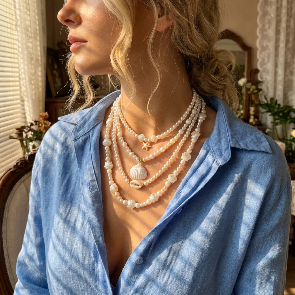 4Pcs/Set Vacation Shell Starfish Faux Pearl Necklace Summer Beach Ocean Theme Boho Layered Choker Jewelry For Women