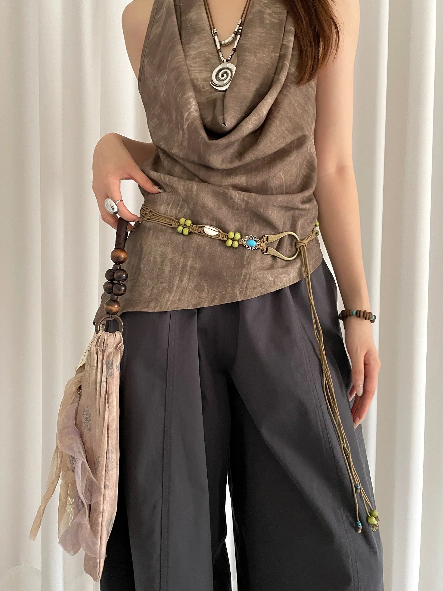 Bohemian Woven Shell Beads Brown Waist Rope Female Minority Retro Ethnic Style With Skirt Thin Waist Belt Accessory
