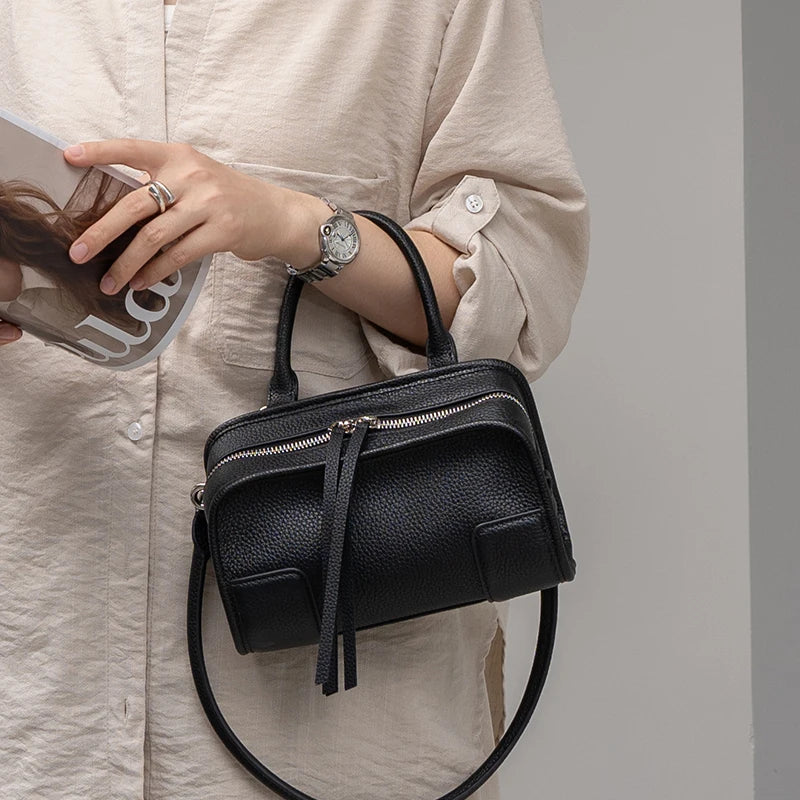 Genuine Cowhide Leather Mini Boston Bag for Women Top Handle Crossbody Bag with Zipper Closure Luxury Designer Messenger bags