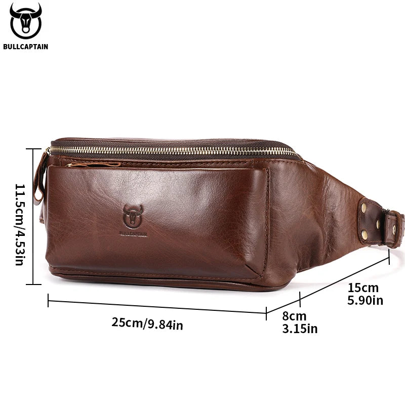 BULLCAPTAIN Men's Genuine Leather Waist Bag Casual Retro Mountaineering Bag Multifunctional Latch Lock Crossbody Chest Bag