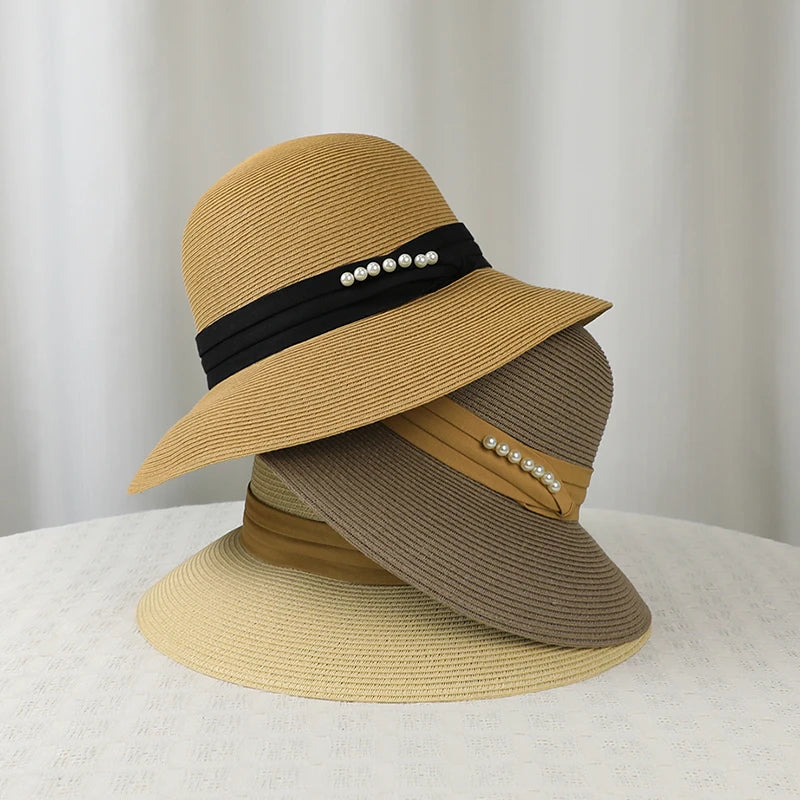 6178-New summer women's sun-protective hat - trendy pearl straw hat for beachandvacation-large-brimmed sun hatforoutdooractivies
