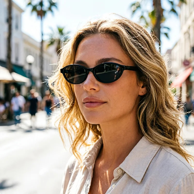 Black Small Frame Oval Women's Sunglasses with A High-end Feel European and American Personality Suitable for Wearing Sunglasses