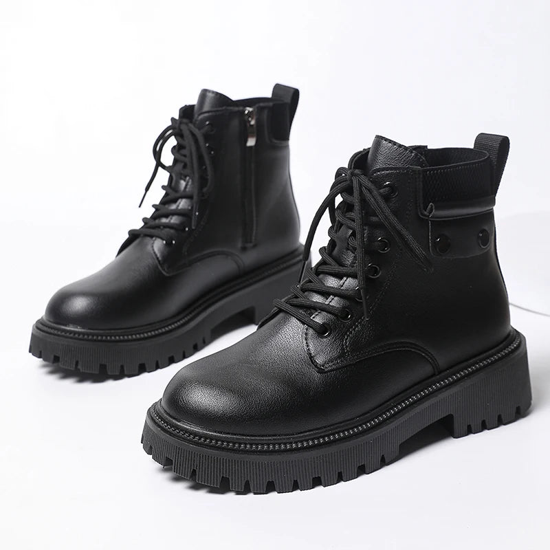Winter Warm Thicken Plush Ankle Boots Women Fashion Lace Up Platform Combat Boots Woman Comfort Zipper Pu Leather Short Booties