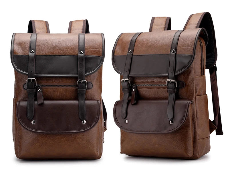 Khaki Vintage Laptop Leather Backpacks School Travel, Casual PU Leather Men Bags