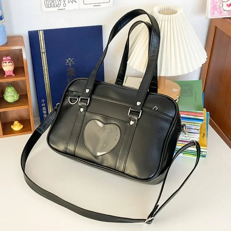 Women Jk School Handbag Large Capacity PU Anime Crossbody Bag Transparent Love Heart Shoulder Uniform Bag for Shopping Commuting