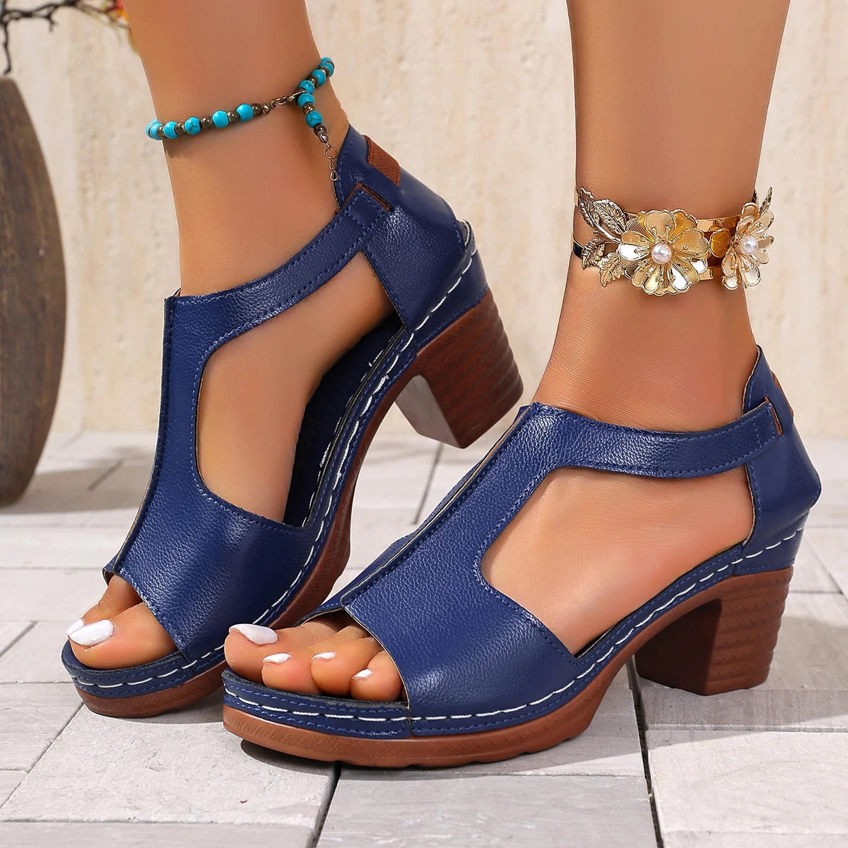 Plus Size 43 Summer High Heels Sandals Women Peep Toe Slip On Platform Gladiator Sandals Woman 2026 Thick Heel Beach Sandles