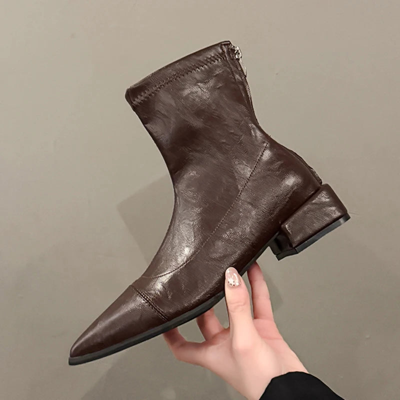 Brand Design Pointed Toe Ankle Boots Women Fashion Thick Heels Pu Leather Boots Woman Plus Size Zipper Block Heel Short Booties