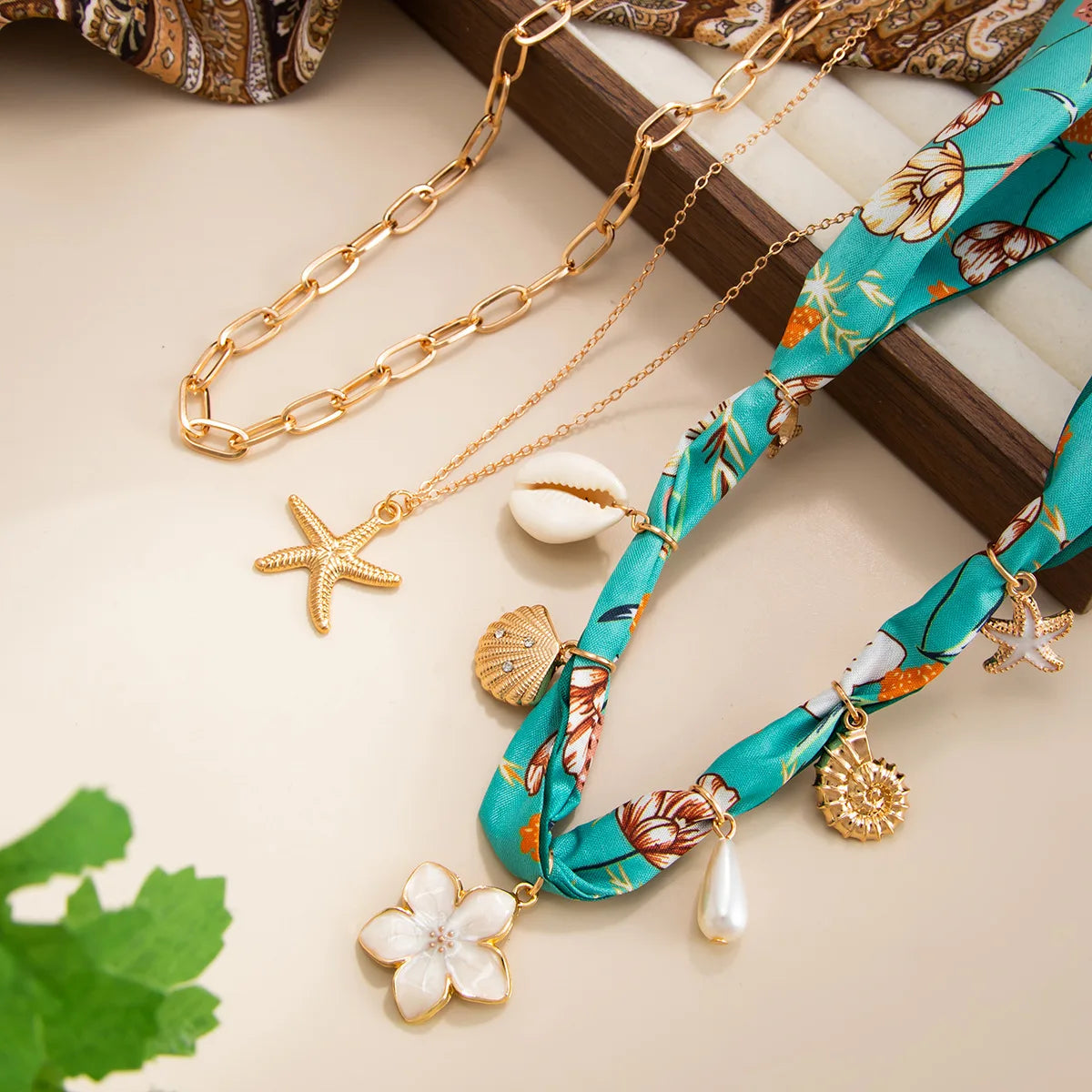 Resort Style Starfish Flower Pearl Shell Chain Necklace Set of 3 Layered Beach Boho Summer Vacation Dainty Jewelry Gift