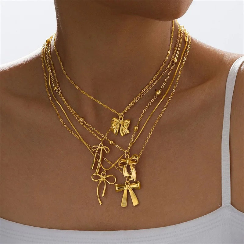 New Elegant Cute Bow Pendant Necklace Set for Women Classic Simple Design Flower Multi-layer Necklaces Daily Party Jewelry Gift