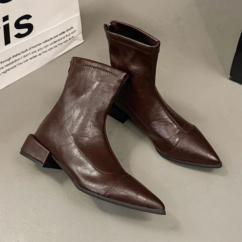 Brand Design Pointed Toe Ankle Boots Women Fashion Thick Heels Pu Leather Boots Woman Plus Size Zipper Block Heel Short Booties