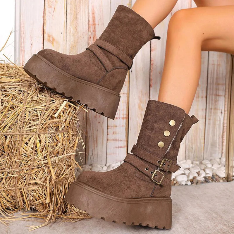 Brown Chunky Platform Women's Snow Boots Winter Retro Button Buckle Detor Snow Boots Woman Faux Suede Keep Warm Botas Mujer