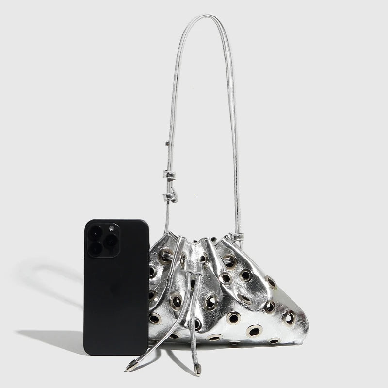 Women Metal Stud Y2k Shoulder Bag Large Capacity Retro Hollow Handbag Drawstring Crossbody Bag Shopping Vacation Handbag