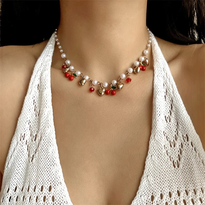 Y2K Sweet Cute Red Strawberry Cherry Pendant Necklace for Women Girls Love Heart Imitation Pearl Chain Choker Fashion Jewelry