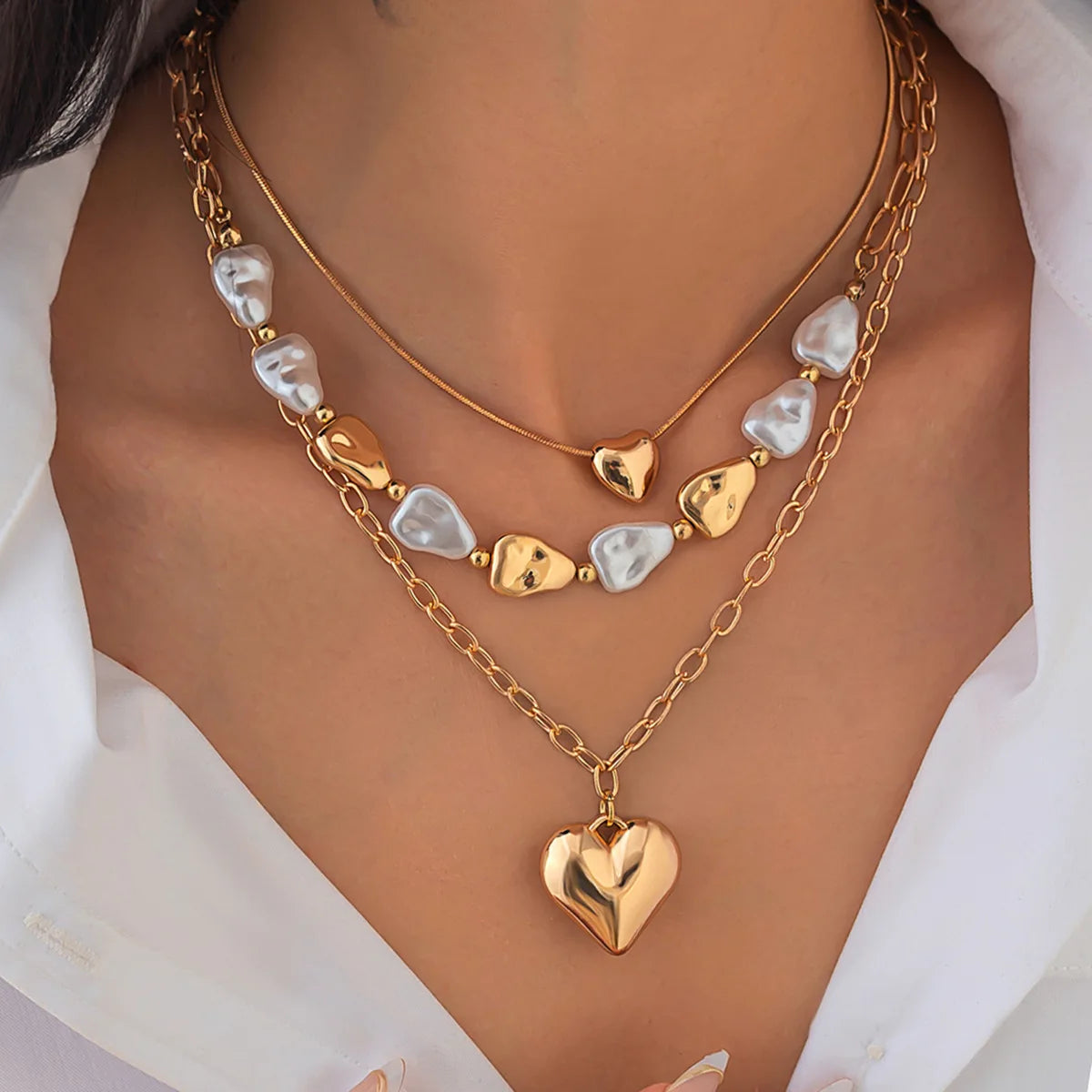 3pcs/set Multilayer Baroque Imitation Pearl Choker Necklace for Women New Trend Simple Love Heart Pendant Necklace Jewelry Gifts