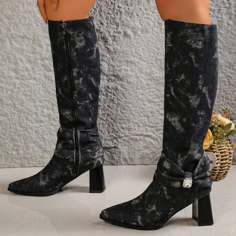Fashion Super High Heel Boots Women 2025 Vintage Pointed Toe Black Blue Mid Calf Boots Woman Rhinestone Detor Botas Lady