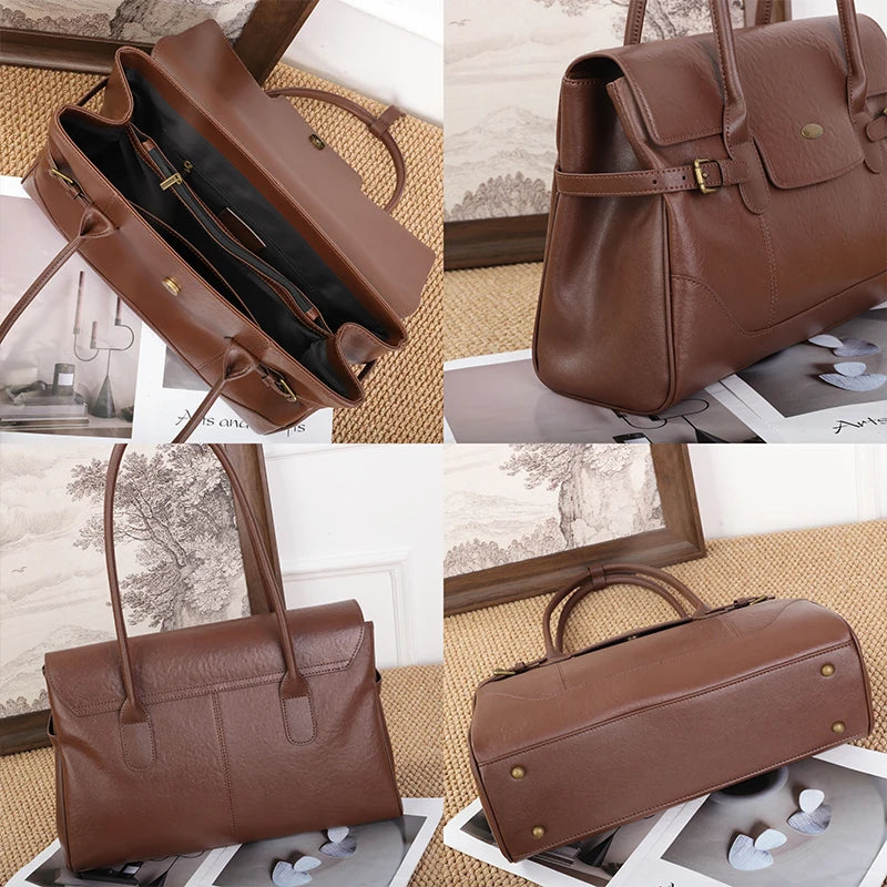 Women's Top-grain leather Underarm Bag Ladies Luxury Designer Genuine leather Handbags Large Capacity Commuting Tote Bags