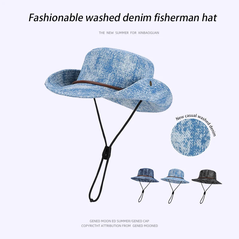 6142-New spring and summer women's outdoor fisherman hats for hiking and fishing, water-washed denim hatswithversatilelargebrims
