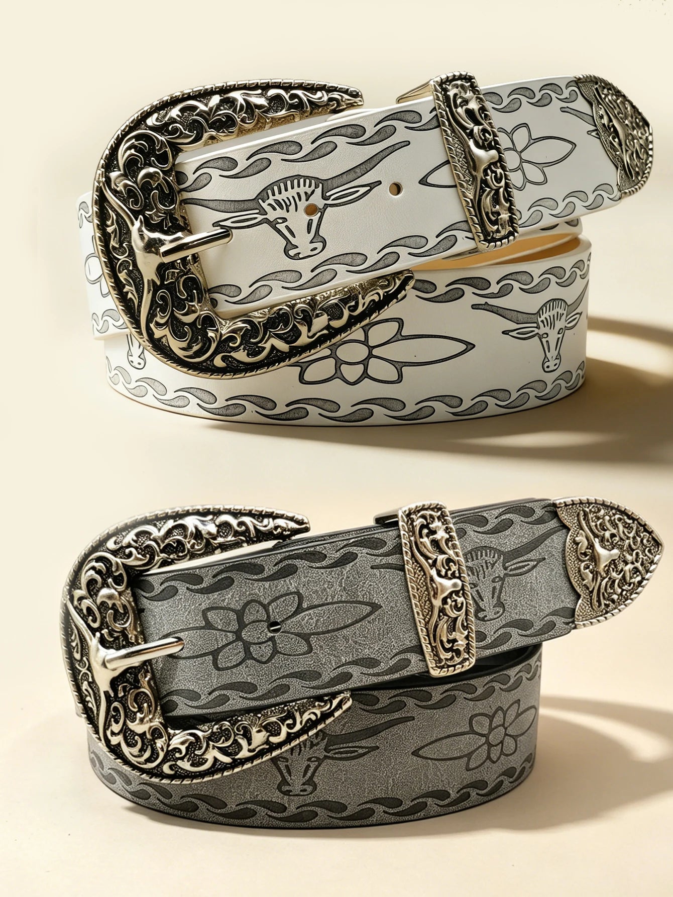 Western Style Bull Head Engraved Belt, Vintage Distressed Silver Buckle Unisex Cowboy Waistband