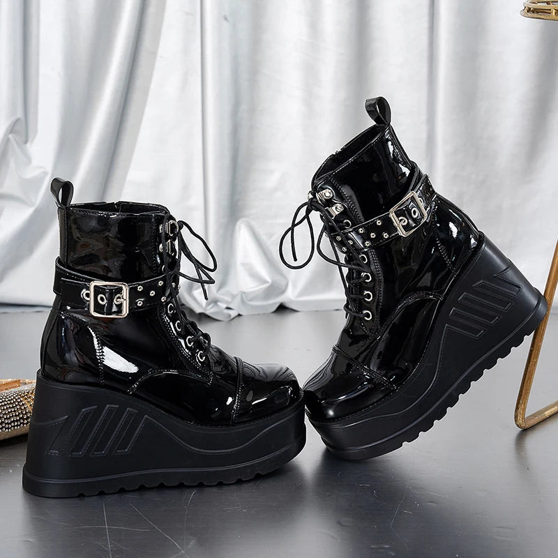 Punk Buckle Chunky Platform Ankle Boots Women Fashion Lace Up Wedges Goth Boots Woman Patent Leather Thick Sole Motorcycle Botas