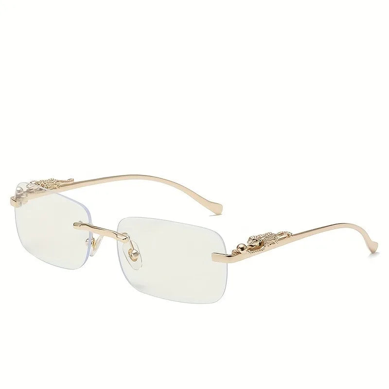 Frameless Rectangular Fashion Glasses for Men and Women Luxurious Design with Gold Metal Border Leopard Head Buckle