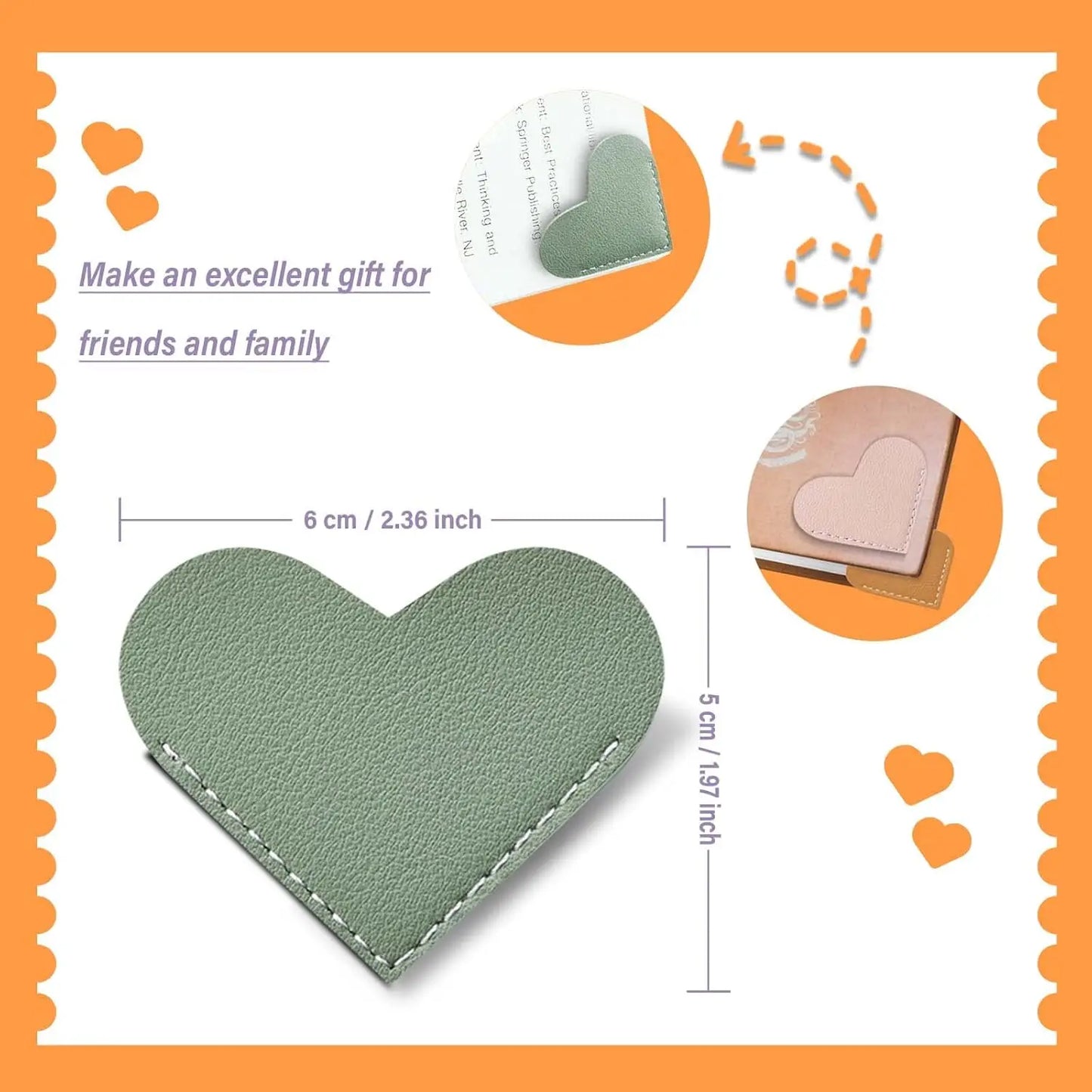 Leather Heart Bookmarks ,6 Pieces Cute Corner Page Book Marks for Teachers Students Book Reading Lovers, for School Office Home
