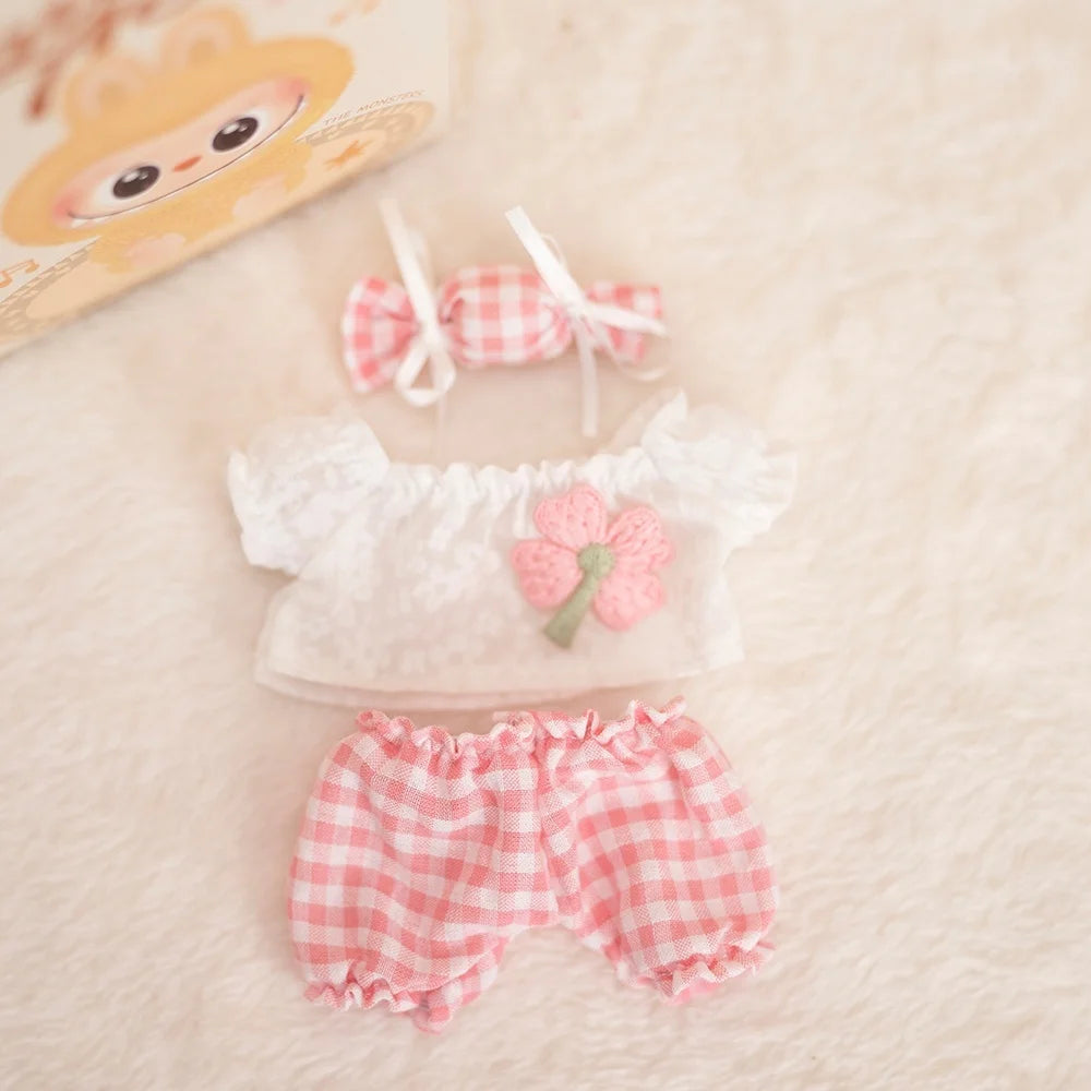 17 Cm Labubu Plush Toy Doll T-shirt with Denim Overalls Labubu Plush Toy Doll Pendant Clothes High quality