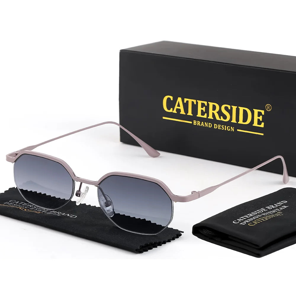 CATERSIDE Retro Polygon Sunglasses Men Metal Semi Rimless Sun Glasses Uv400 Women Outdoor Protection Driving Decorative Eyewear