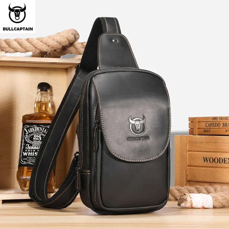 BULLCAPTAIN Men's Crossbody Bags Crazy Horse Leather Chest Bag's Leather Crossbody Bages Retro Men's Zip Pocket Short Travel Bag