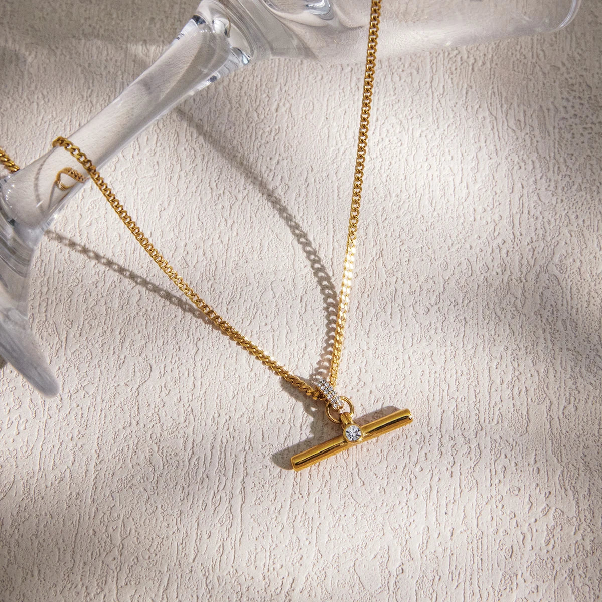 Uworld Delicate Gold Color White Rhinestone T-Bar Pendant Necklace Layered Jewelry For Women 18K PVD Plated Stainless Steel Gift