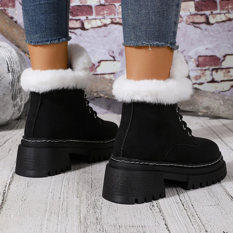 Thick Heels Faux Fur Ankle Boots Women Fashion Lace Up Long Plush Winter Boots Woman Comfort Non Slip Cotton Padded Shoes Female