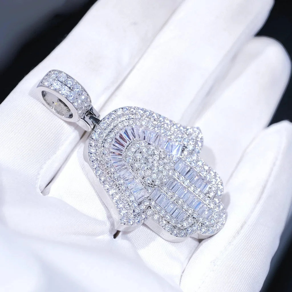 Micro Iced Out Baguette Hamsa Hand Pendant w/ 24" Tennis/Rope Chain Necklaces