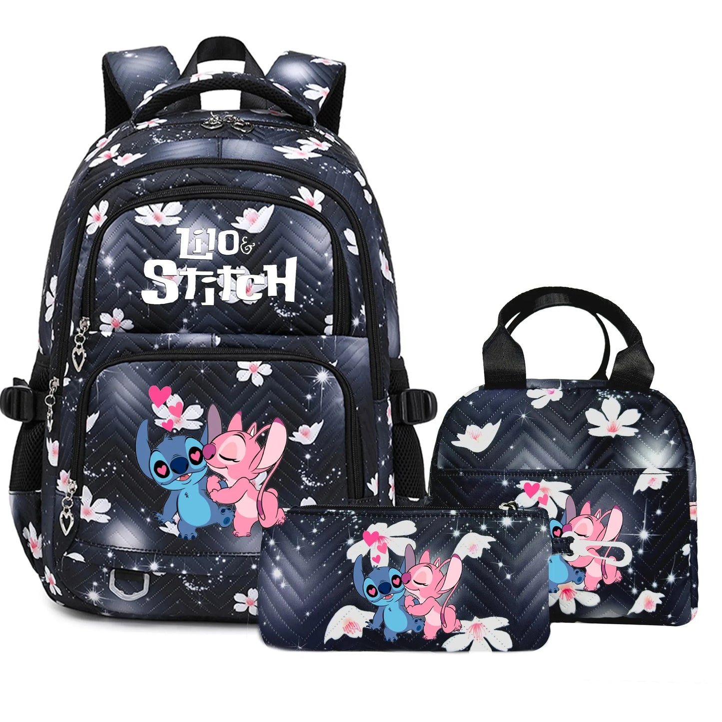 3PC Black Lilo Stitch XL Backpack Lightweight School Student Travel Lunch Bag 09