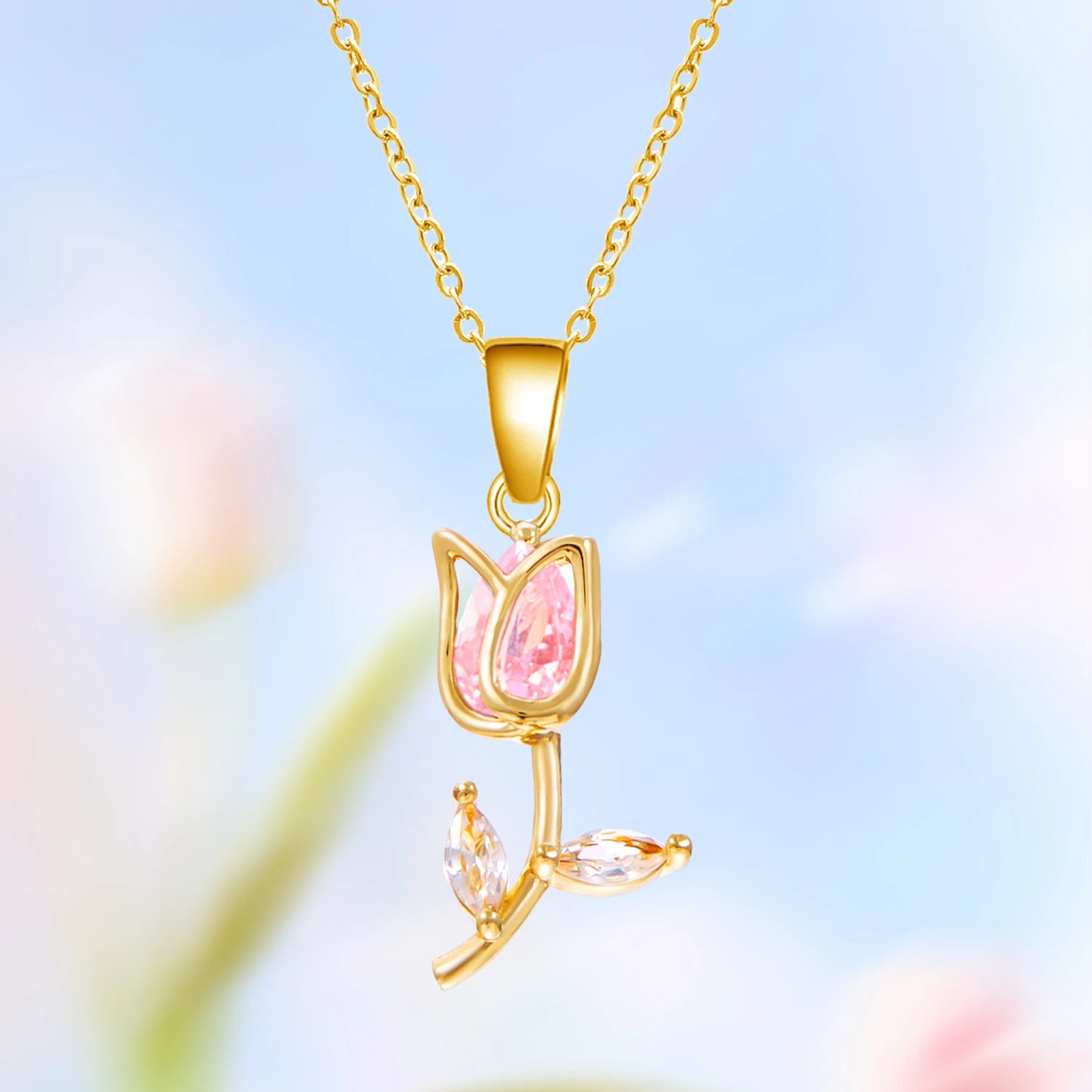 Exquisite Zircon Tulip Flower Pendant Necklace for Women Elegant Stainless Steel Clavicle Chain Fashion Party Jewelry Dropship