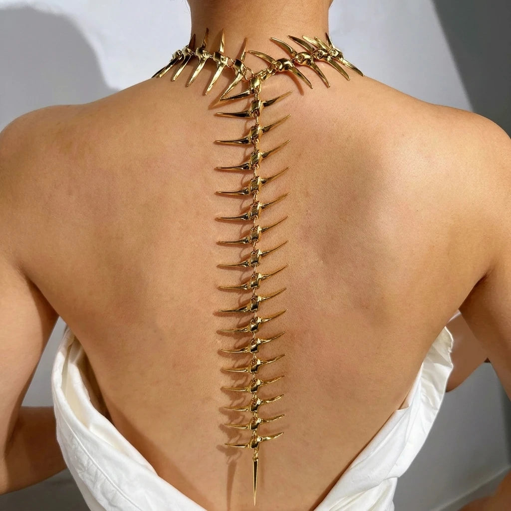 Avant Garde Gold Spine Back Chain Necklace for Women Statement Fishbone Body Jewelry for Backless Dress