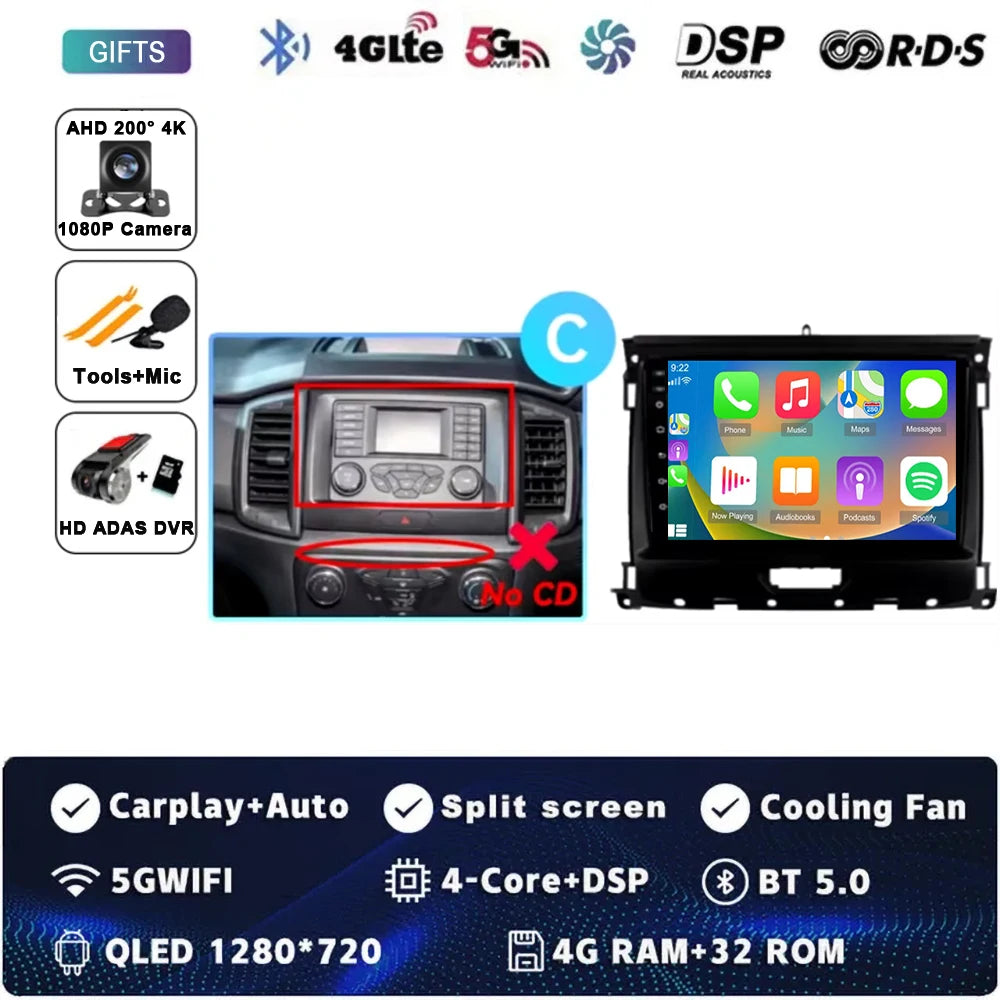 For Ford Ranger 2015 2016 2017 2018 2019-2022 Android 16 Car Radio Stereo QLED Screen GPS Multimedia Carplay Autoradio Head unit