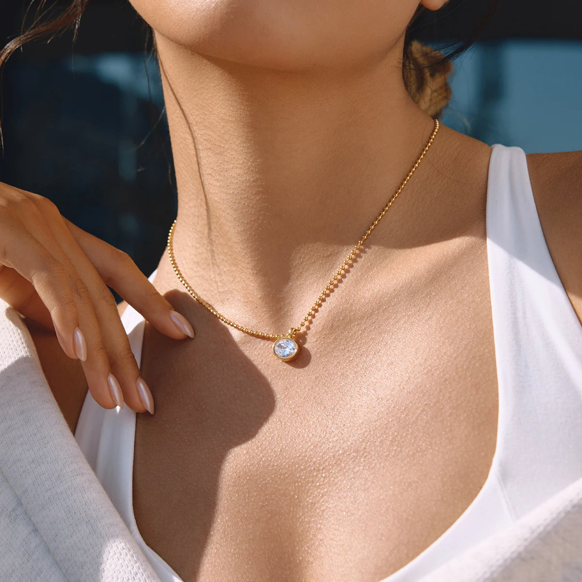 Uworld Classic Geometric waterdrop shape White Zircon Necklace With Bead Chain Women 18K Gold Plated Stainless Steel Necklaces