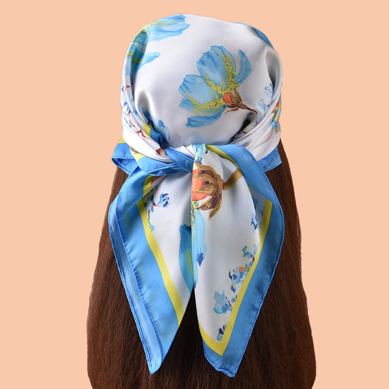 1pc Sweet Large Flower Print Silk Satin Square Scarf Women's Hair Accessory Spring New Style Versatile Belt Bag Decoration Heads