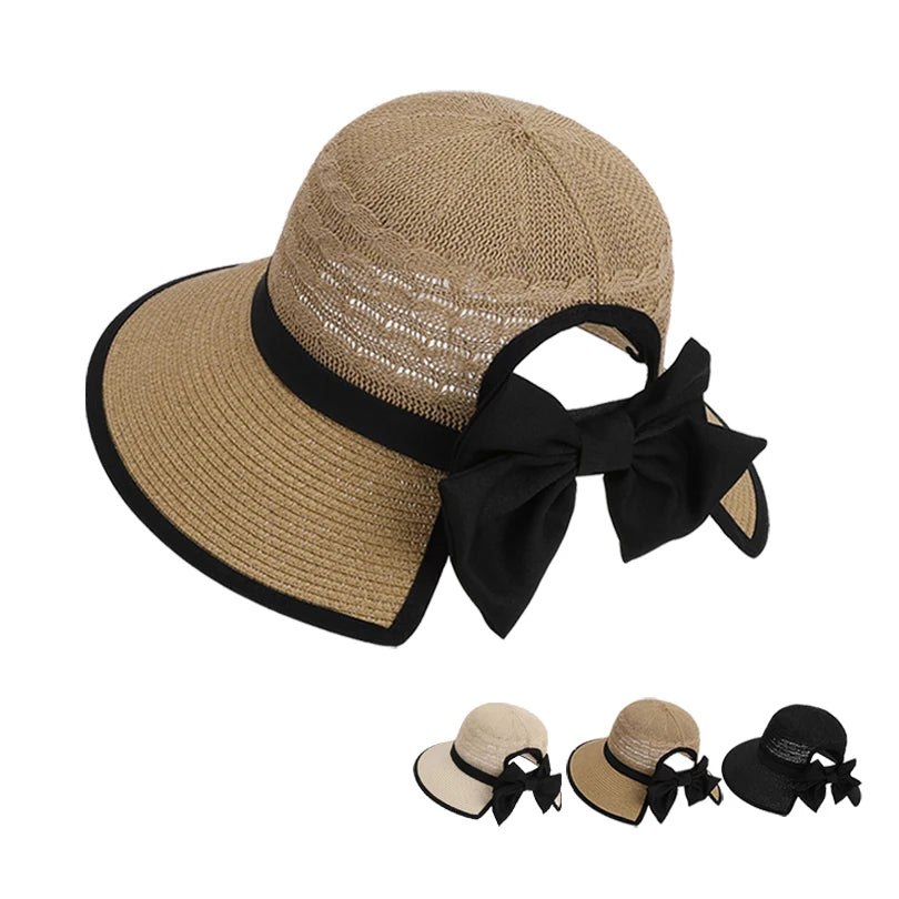 8484Summer hat girls' versatile bow-tied ponytail hole large eaves straw hat, outdoor outing sun hat