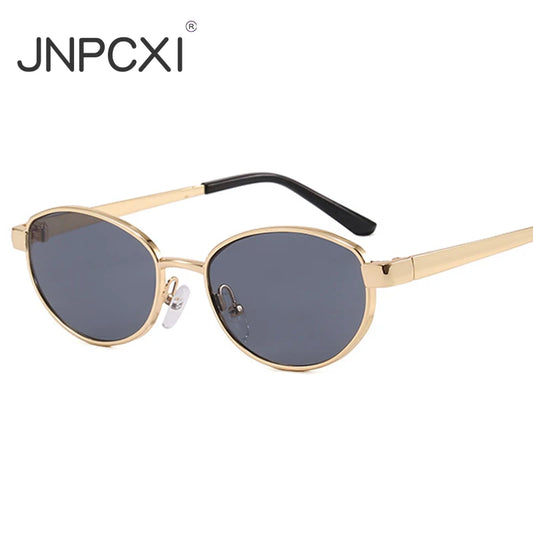 JNPCXI Retro Oval Metal Women Sunglasses Fashion Gold Tea Punk Men Shades UV400
