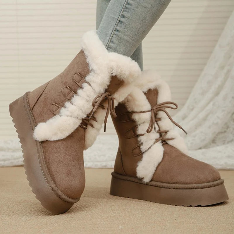 Lace Up Long Plush Snow Boots Women Plus Size 42 Thick Sole Warm Cotton Padded Shoes Woman Thicken Fleece Ankle Boots Female